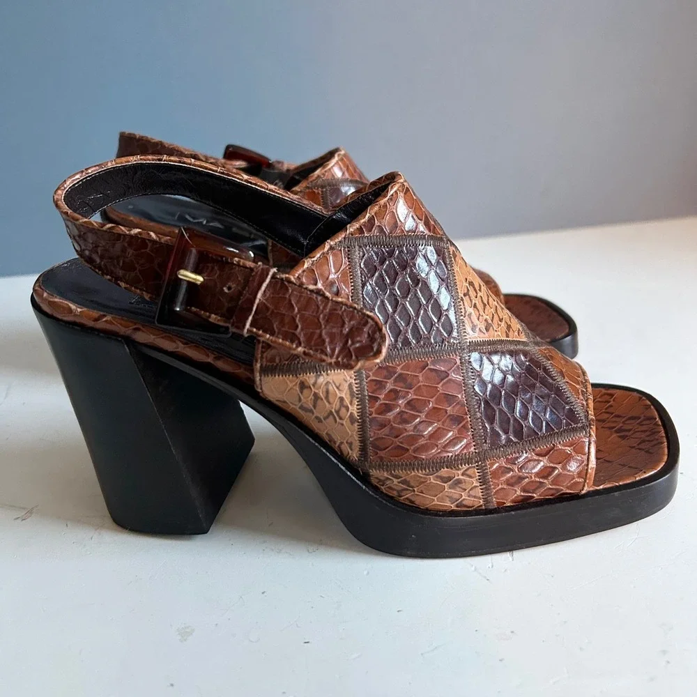 Y2K Via Spiga Patchwork Snakeskin Slingback Block Heel Sandal Brown Size 7 Italy